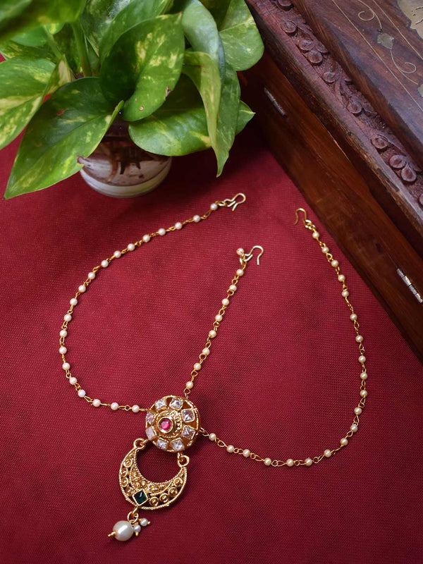 Designer Gold Plated Pearl Chain Half Moon Design Kundan Stones With Hanging Pearls Matha Patti