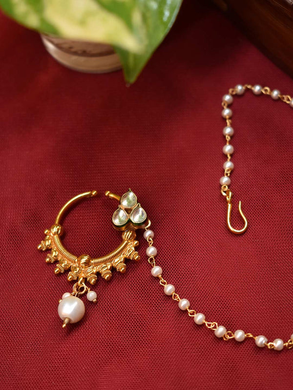 High Quality Gold Plated Tear Drop Design Kundan Stones With Pearl Chain Nose Ring