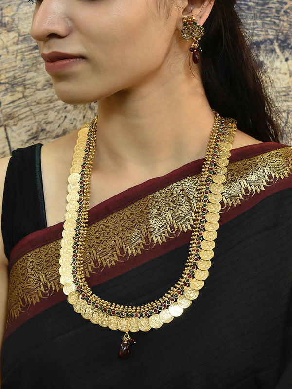 Avismaya Gold Plated Lakshmi Design Long Haram Necklace Set