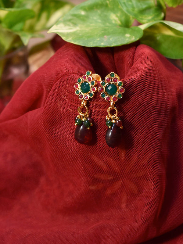 Gold Plated Tear Drop Design Pink And Green Color Stone With Hanging Beads Drop Earring