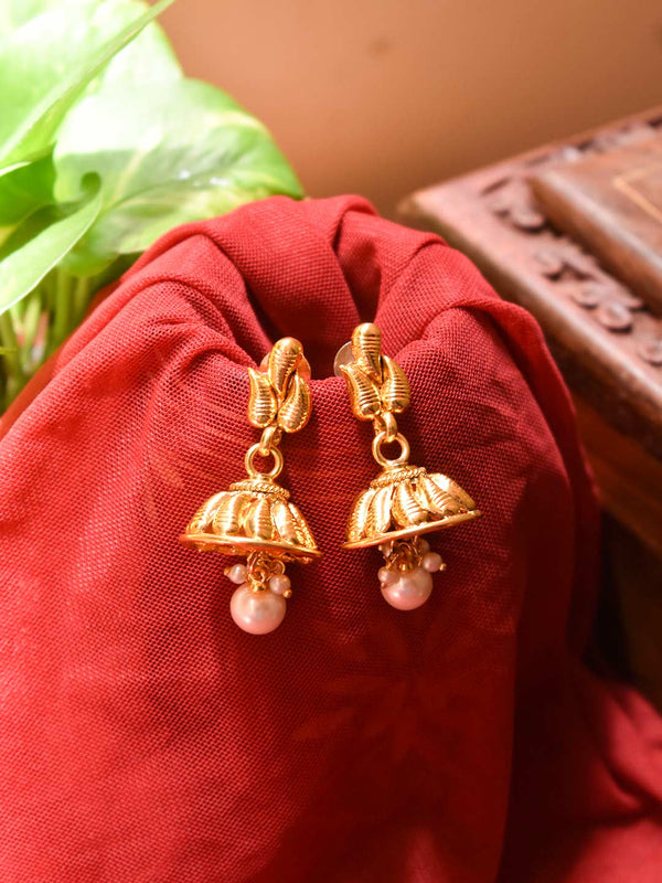 Avismaya High Quality Gold Plated Leaf Design With Hanging White Color Pearls Jhumka Earring