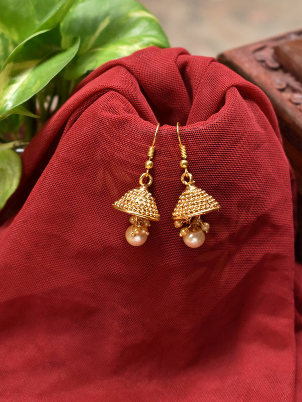 Avismaya Gold Plated Geometric Design With Hanging Pearls Jhumka Earring