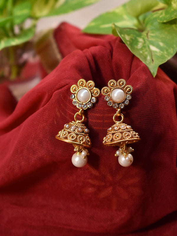 Gold Plated Floral Design With Studded White Color Pearls Jhumka Earring