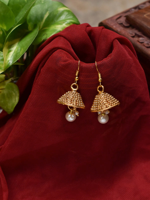 Avismaya Gold Plated Geometric Design With Hanging White Color Pearls Jhumka Earring