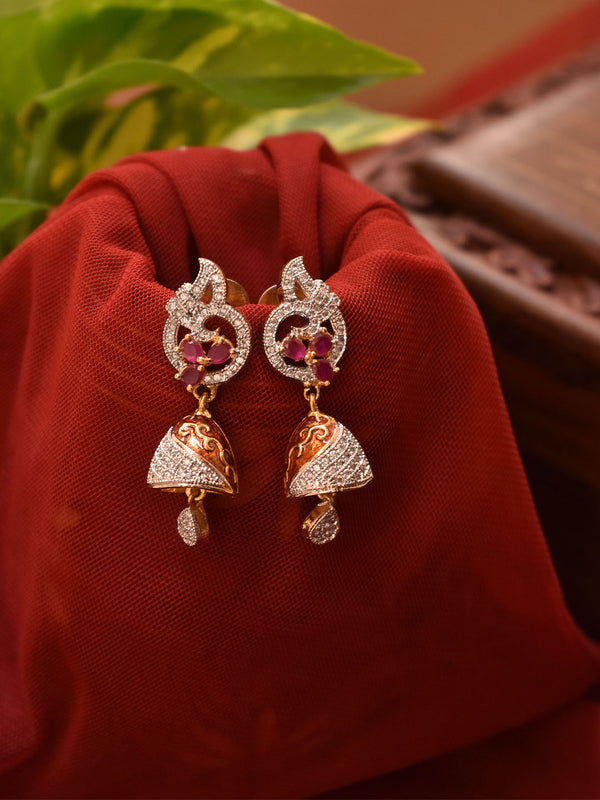 Avismaya Gold Plated Pear Shape Stud Pink And White Color CZ Stones Jhumka Earring