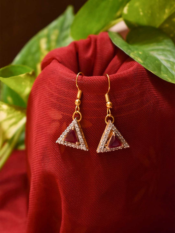 Gold Plated Triangle Design Cz Stones With Pink Color Ruby Stones Drop Earring