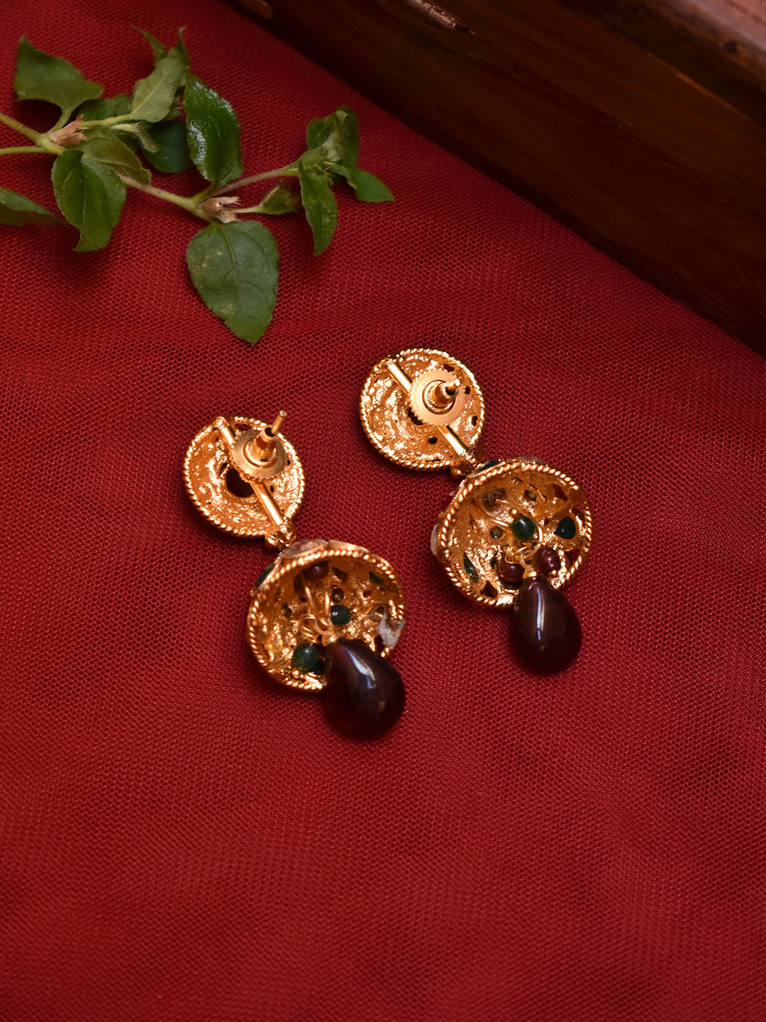 Avismaya Gold Plated Circular Design Stud With Tear Drop Design Studding White Maroon And Green Color Stones Jhumka Earring