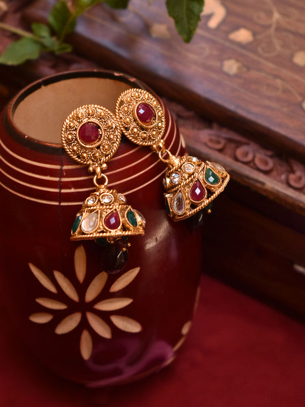 Avismaya Gold Plated Circular Design Stud With Tear Drop Design Studding White Maroon And Green Color Stones Jhumka Earring