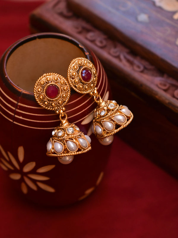 Avismaya Gold Plated Circular Design Stud With Tear Drop Design Studding White Color Pearls Jhumka Earring