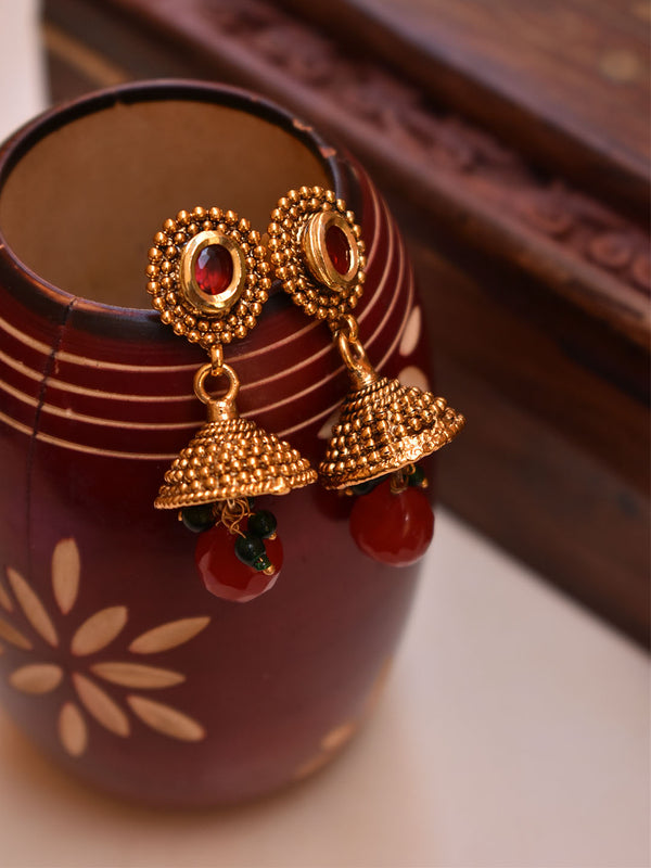 Avismaya Gold Plated Oval Design stud Maroon Color Stones With Hanging Beads Jhumka Earring