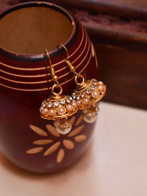 Avismaya Gold Plated Studding White Color Stones And Pearls With Hanging Beads Jhumka Earring