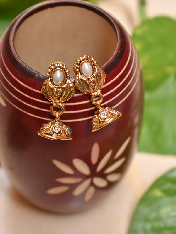 High Quality Gold Plated Oval Design Studded White Pearl With Hanging Green And White Color Stone Jhumka Earring