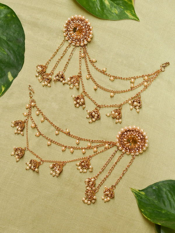 High Quality Gold Plated Circular Design Studs With Three Layered Hanging Pearl Chains Bahubali Inspired Dangler Earring