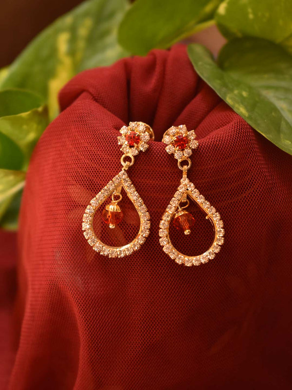 Gold Plated Floral Design Stud Red Color Stone With Tear Drop Design Hanging Drop Earring