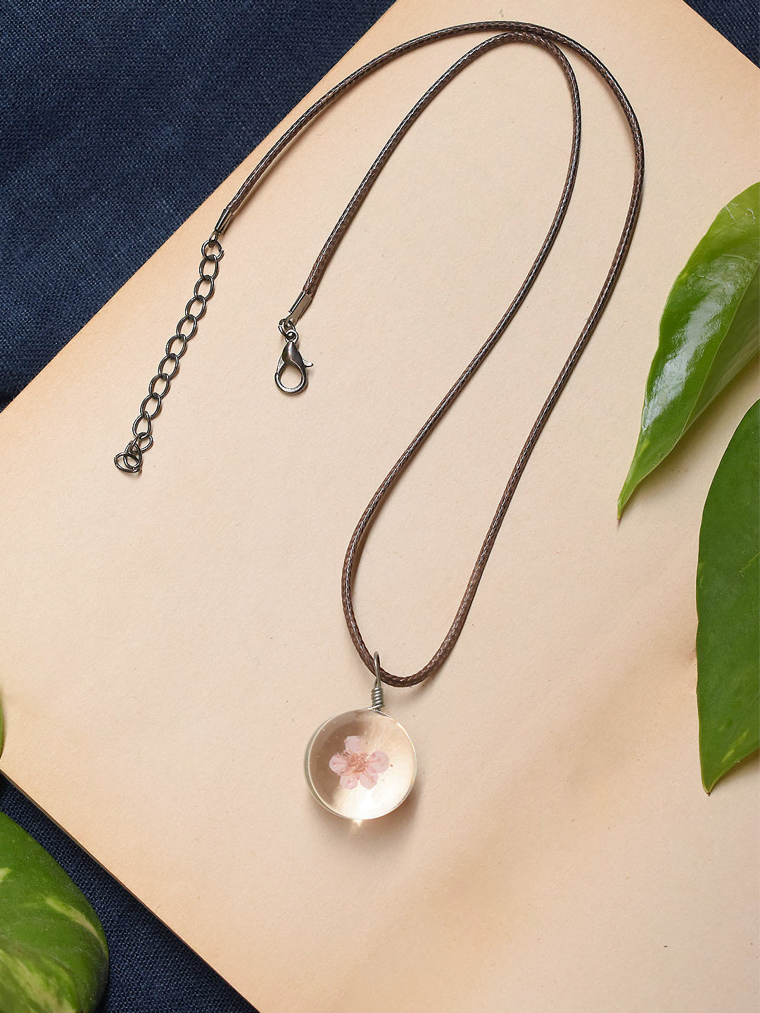 Designer White Color Circular Shape Floral Design Pendant With Black Color Leather Chain