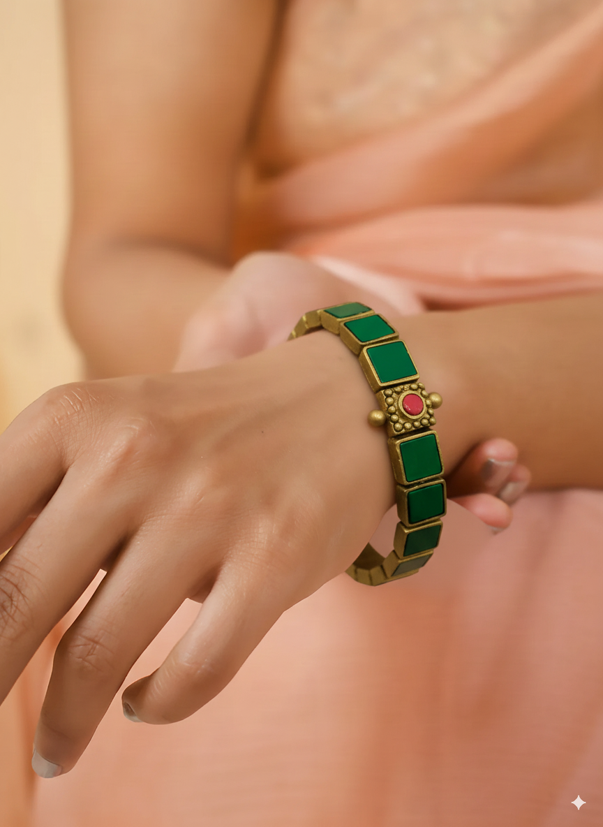 Banguri — Green Pink Antique Gold Square Design Handmade Terracotta Bangle
