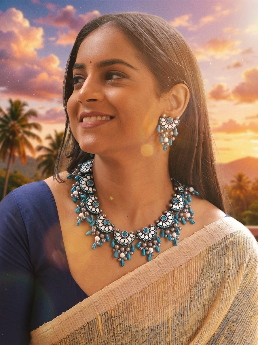 Chandramukta — Terracotta Crescent Shaped Necklace with Blue and White Teardrop Beads With Earrings