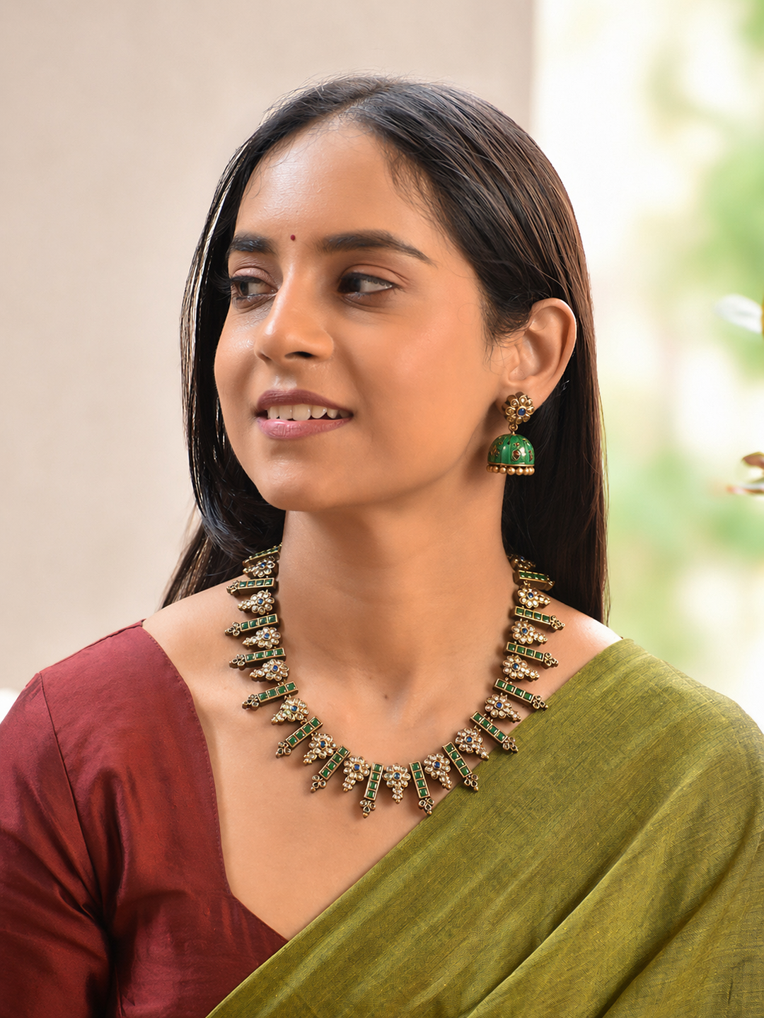 Terracotta Green Stone Necklace with Linear Motifs
