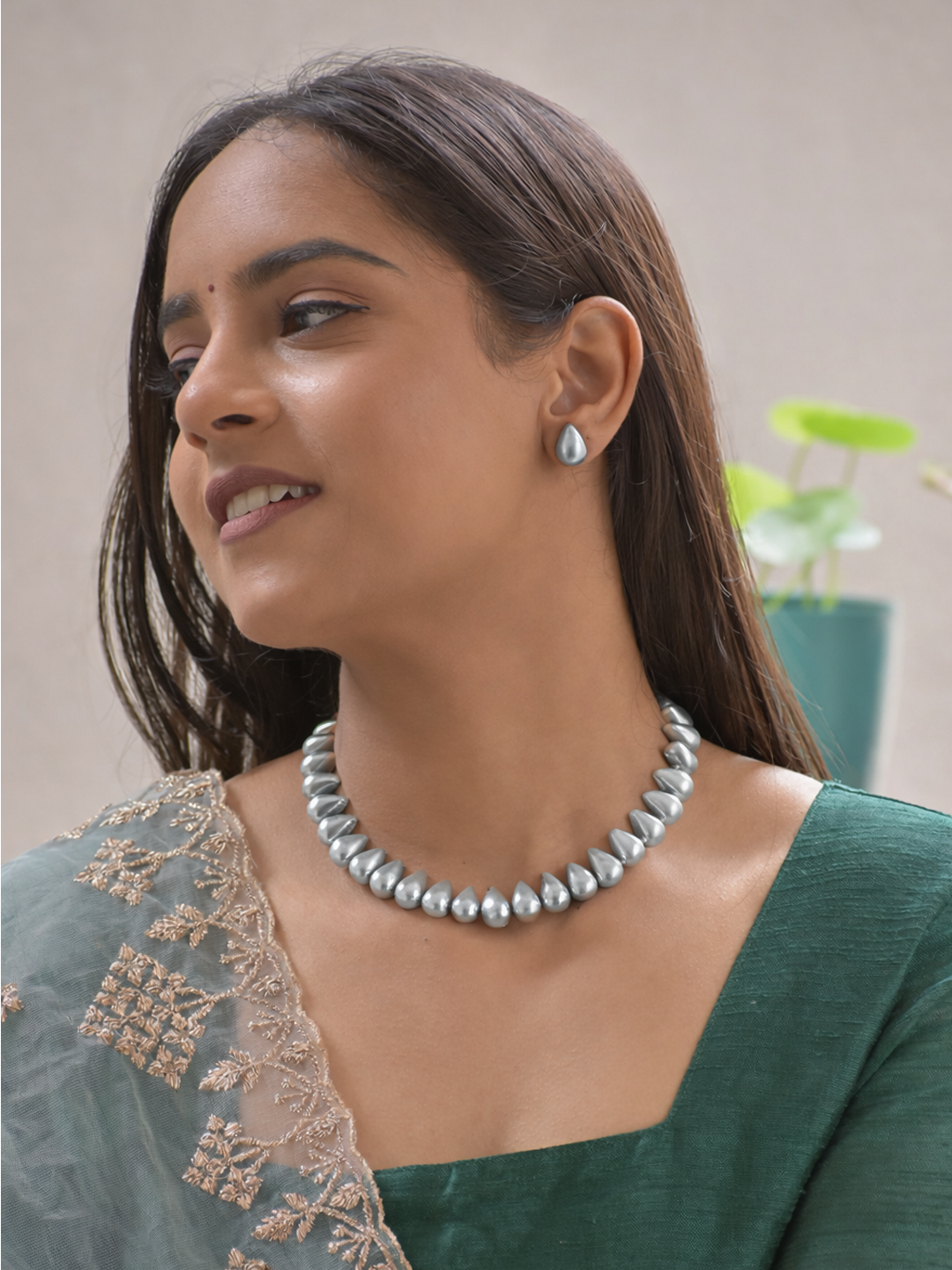 Terracotta Silver Teardrop Bead Necklace Set