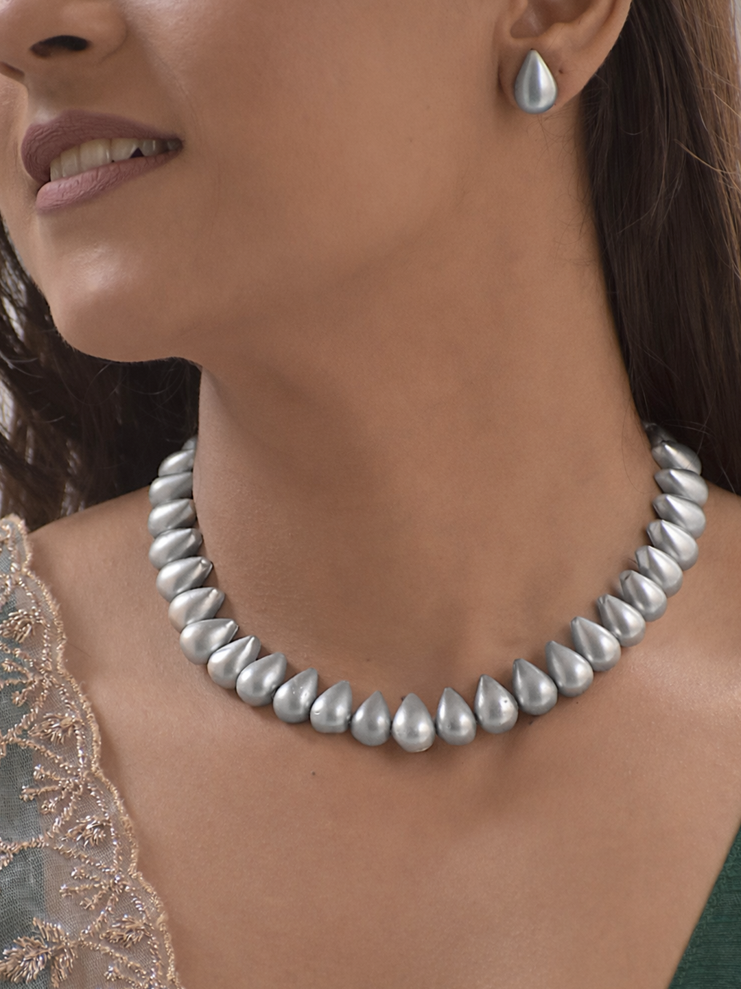 Terracotta Silver Teardrop Bead Necklace Set