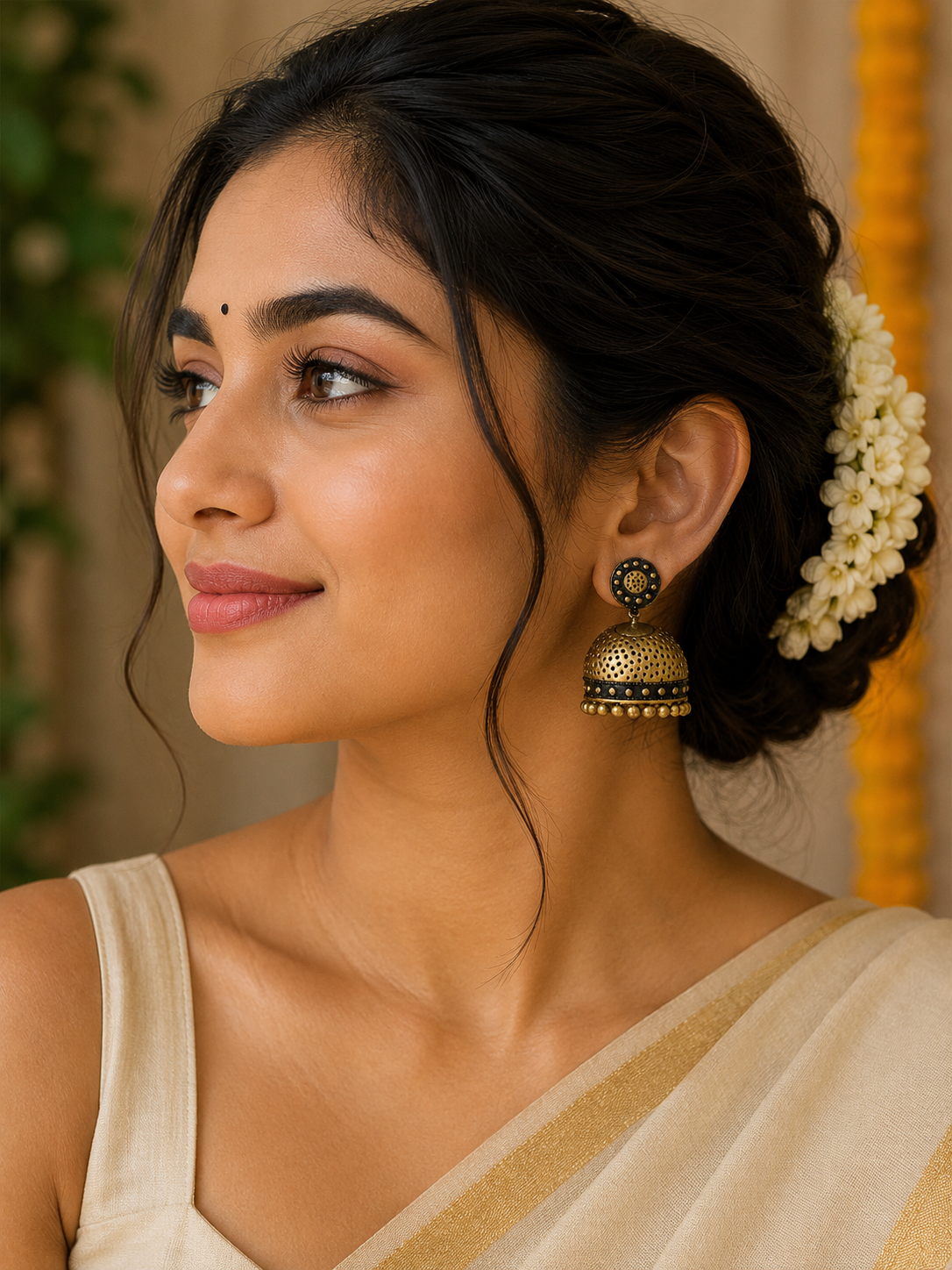 Gold and Black Color Lakshmi Design Handmade Terracotta Temple Earrings