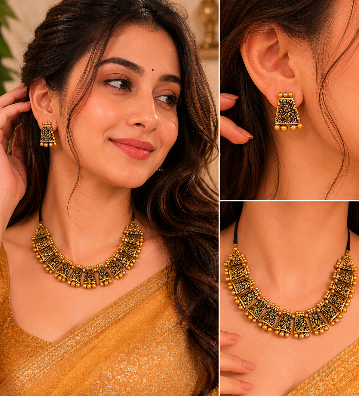 Terracotta Antique Gold Flower Panel Necklace Set with Bead Borders