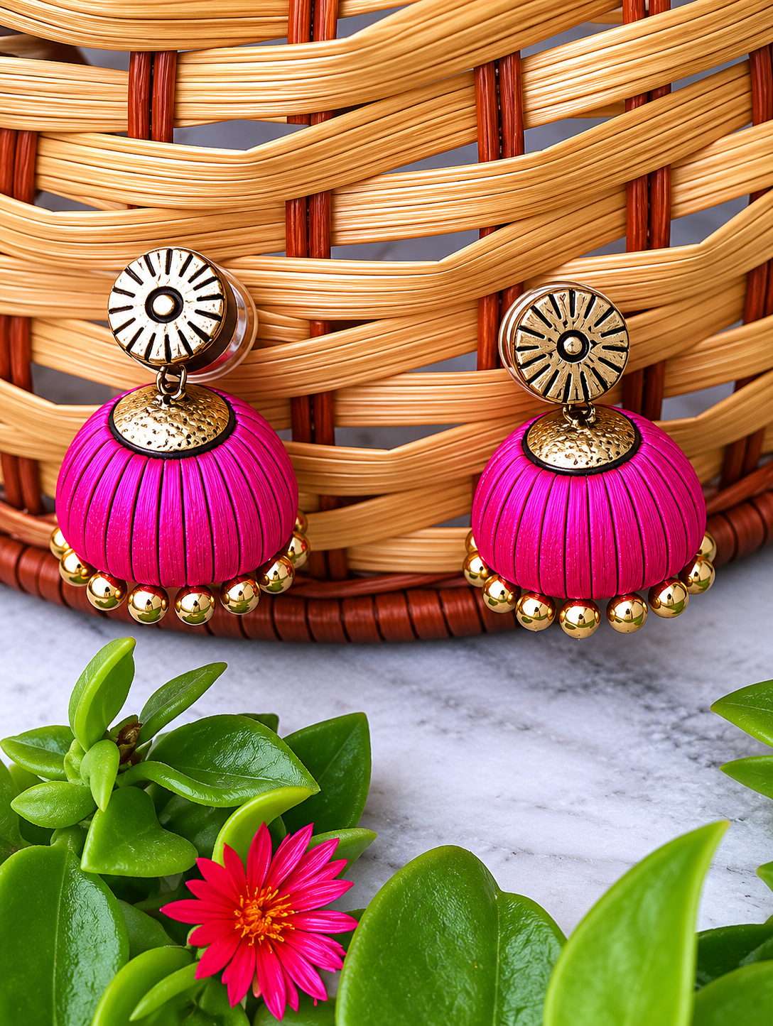 Handmade Terracotta Pink And Gold Color Circular Shape Jhumka Earring