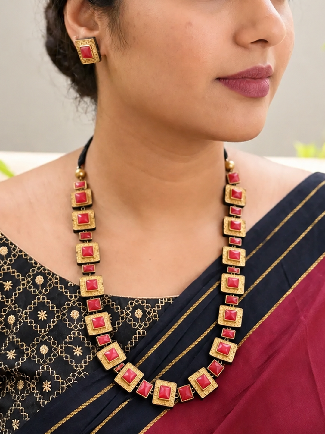 Terracotta Square Red Stone Necklace with Geometric Design