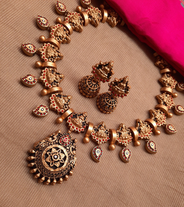 Antique Gold Toned Peacock Design Pendant With Lakshmi Design Motifs Choker Handmade Terracotta Necklace Set