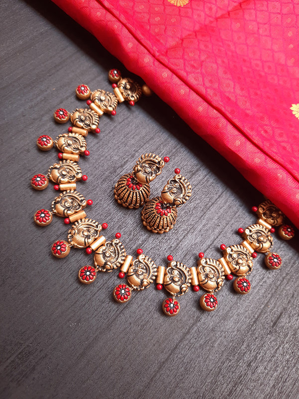 Antique Gold Toned Red And Black Color Peacock Design Motifs Choker Handmade Terracotta Necklace Set