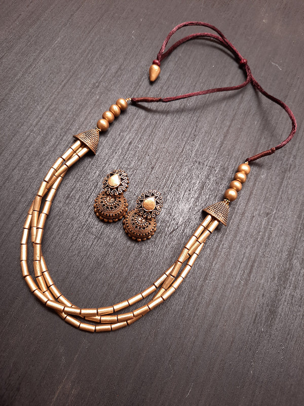 Antique Gold Toned Multilayered Tube Shape Beads Terracotta Medium Necklace Set