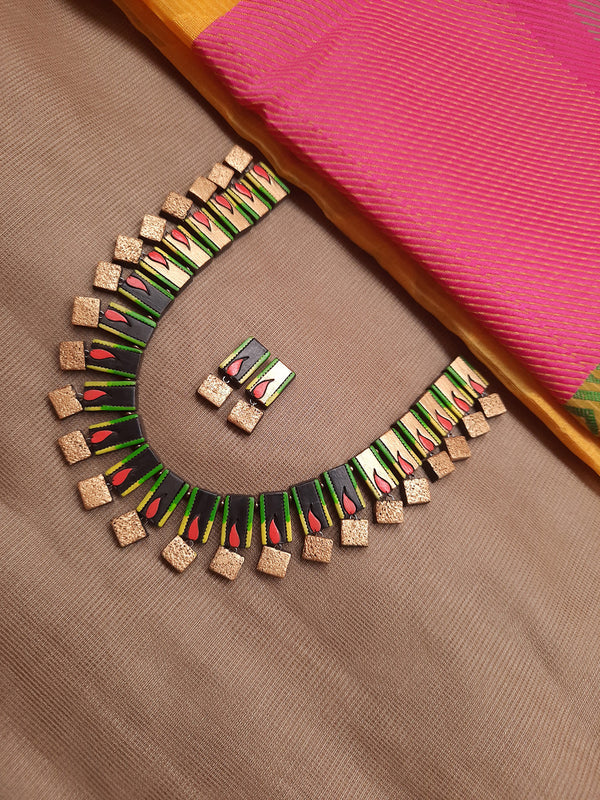 Antique Gold Toned Rectangular Shape Motifs Green And Red Color Hand Painted Terracotta Choker Necklace Set