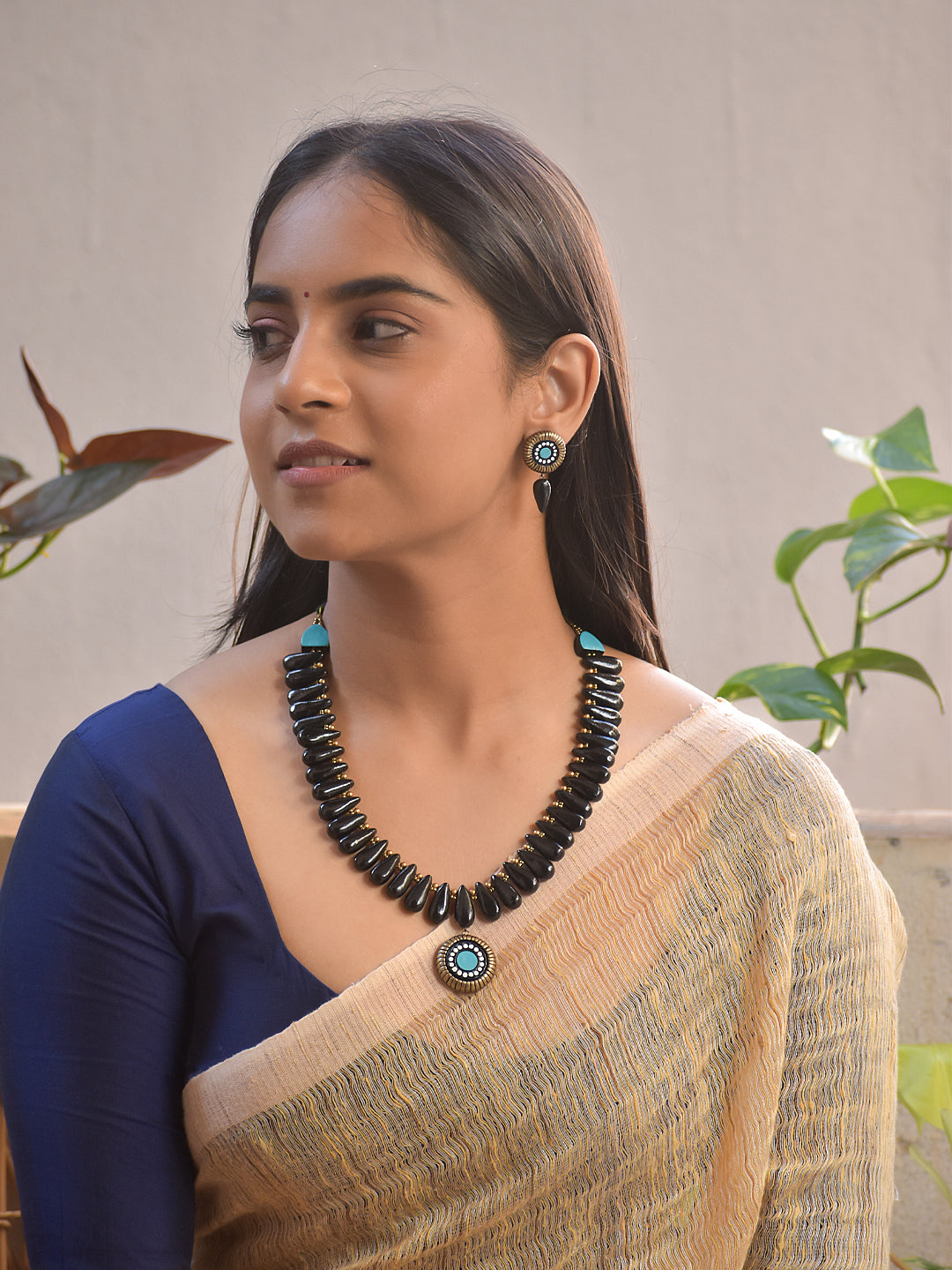 Terracotta Black Beaded Necklace with Turquoise Accent Pendant and Matching Earrings