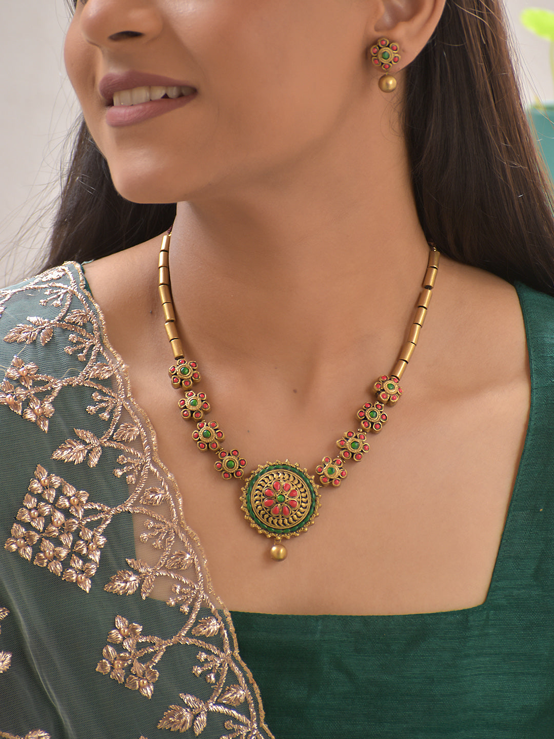 Artisanal Mandala Statement Necklace Set – Emerald & Crimson
