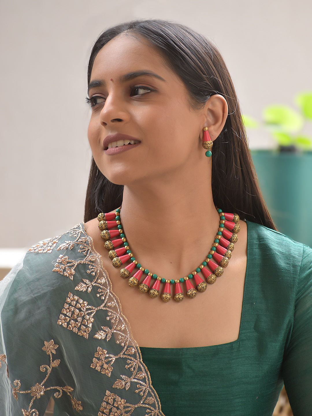 Terracotta Red Cone Bead Necklace with Green Accents
