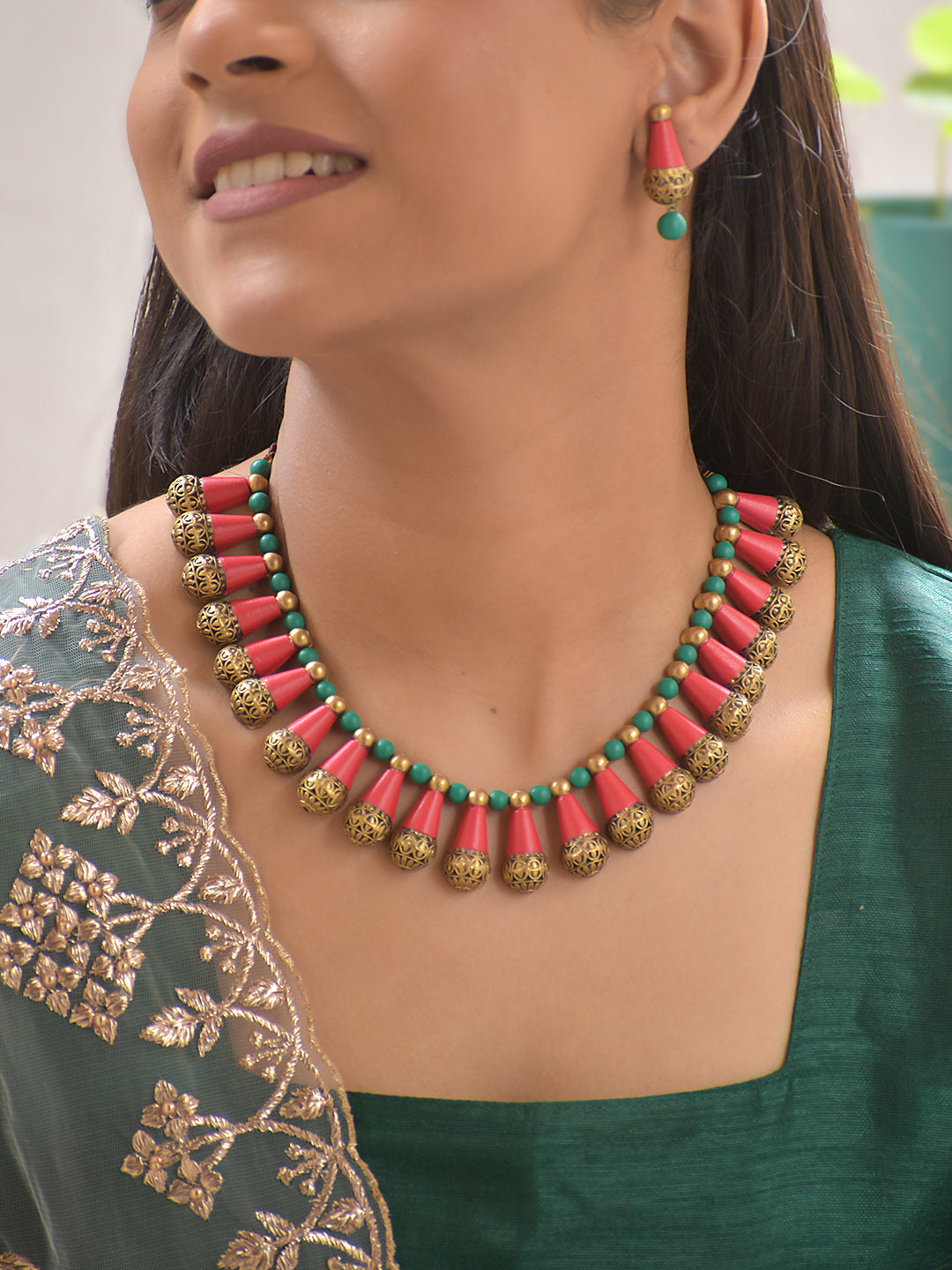 Terracotta Red Cone Bead Necklace with Green Accents