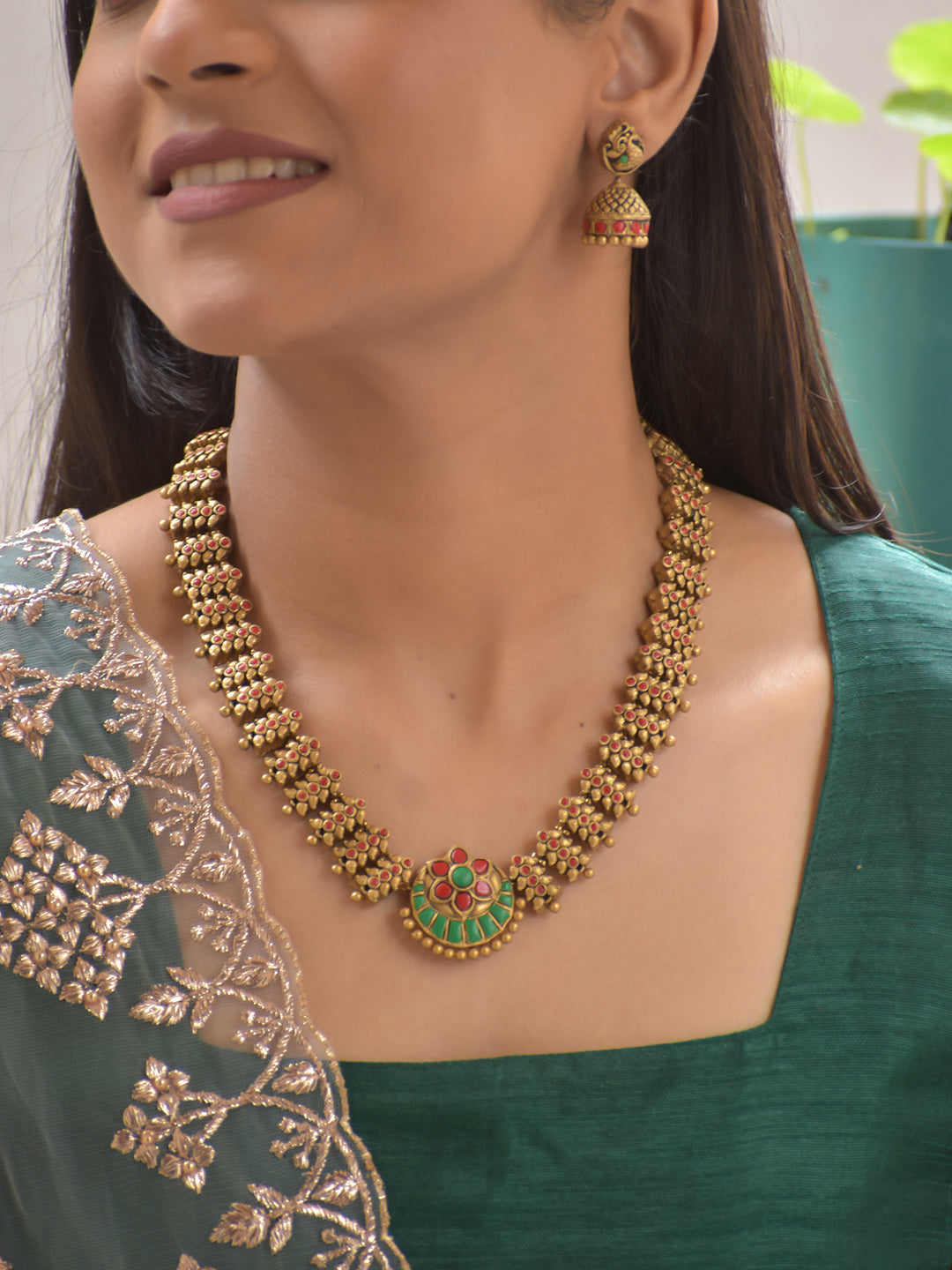 Terracotta Red & Green Floral Pendant Necklace with Peacock Jhumka Earrings