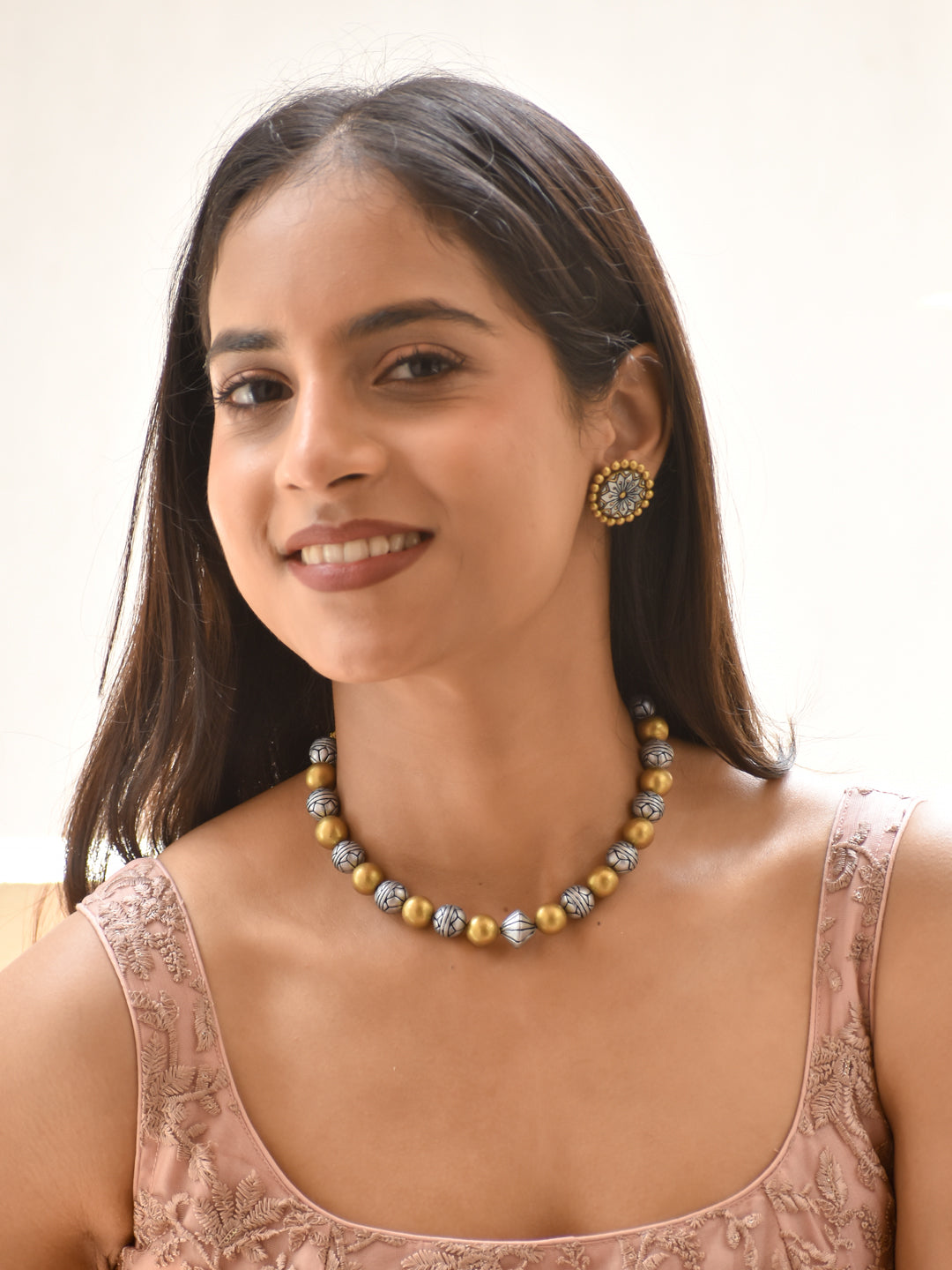Silver Grey & Antique Gold Handmade Terracotta Beaded Choker Necklace Set