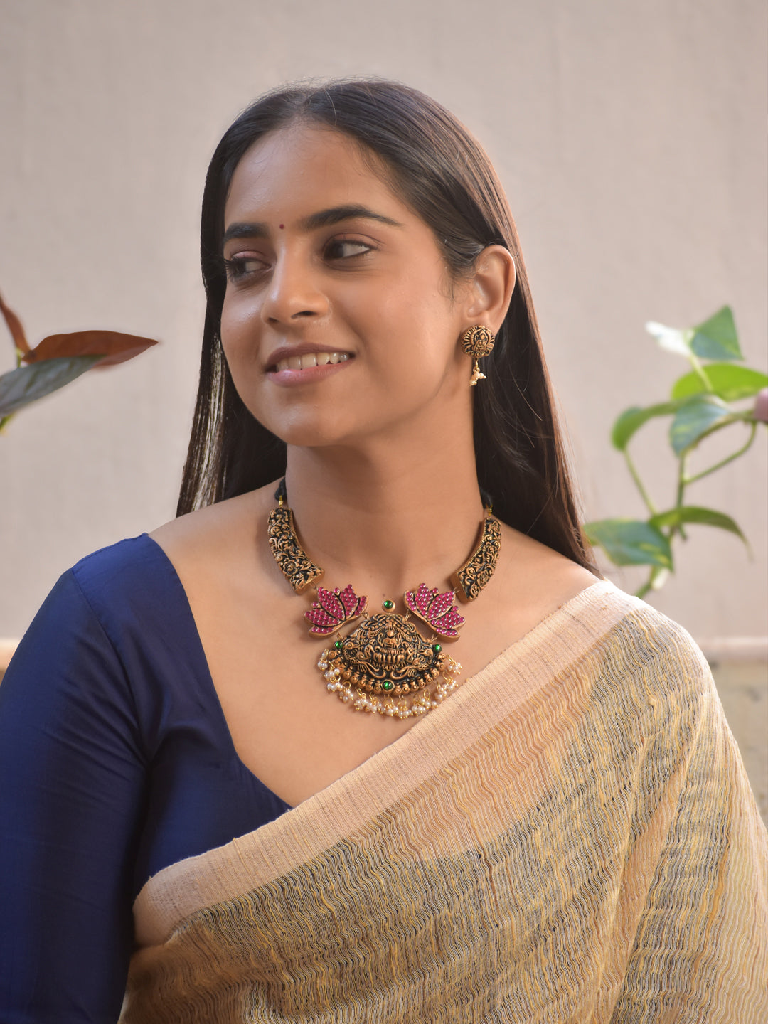 Padmavati — Terracotta Antique Gold Lotus Necklace with Intricate Carvings Lakshmi Pendant with Earrings