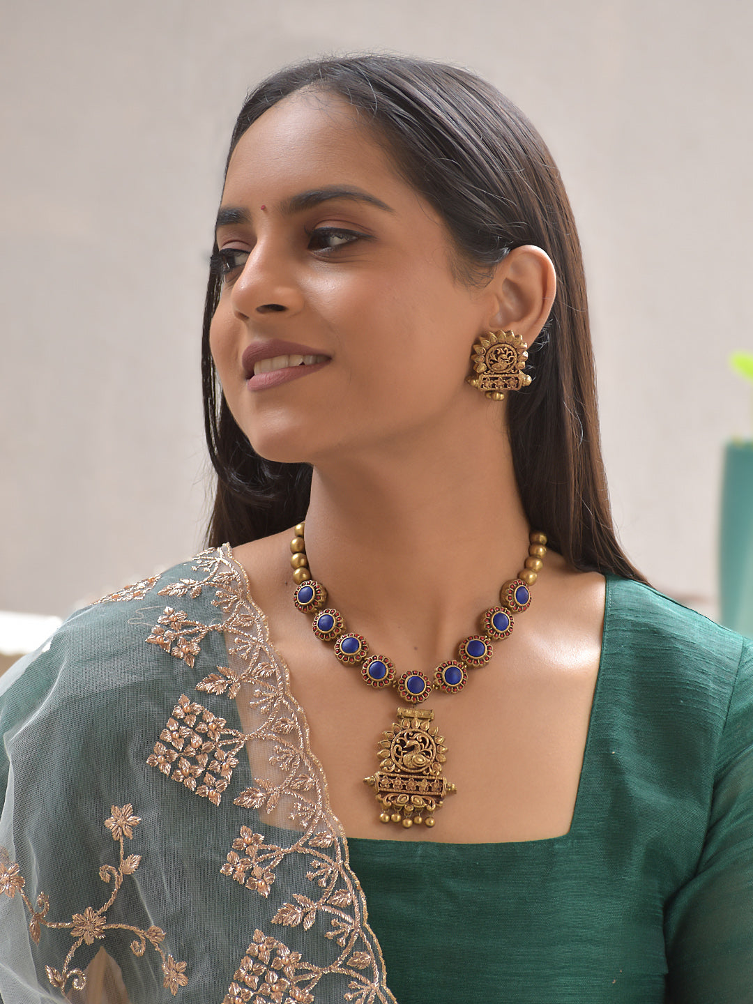 Terracotta Blue Stone Design Necklace with Peacock Motif Pendant