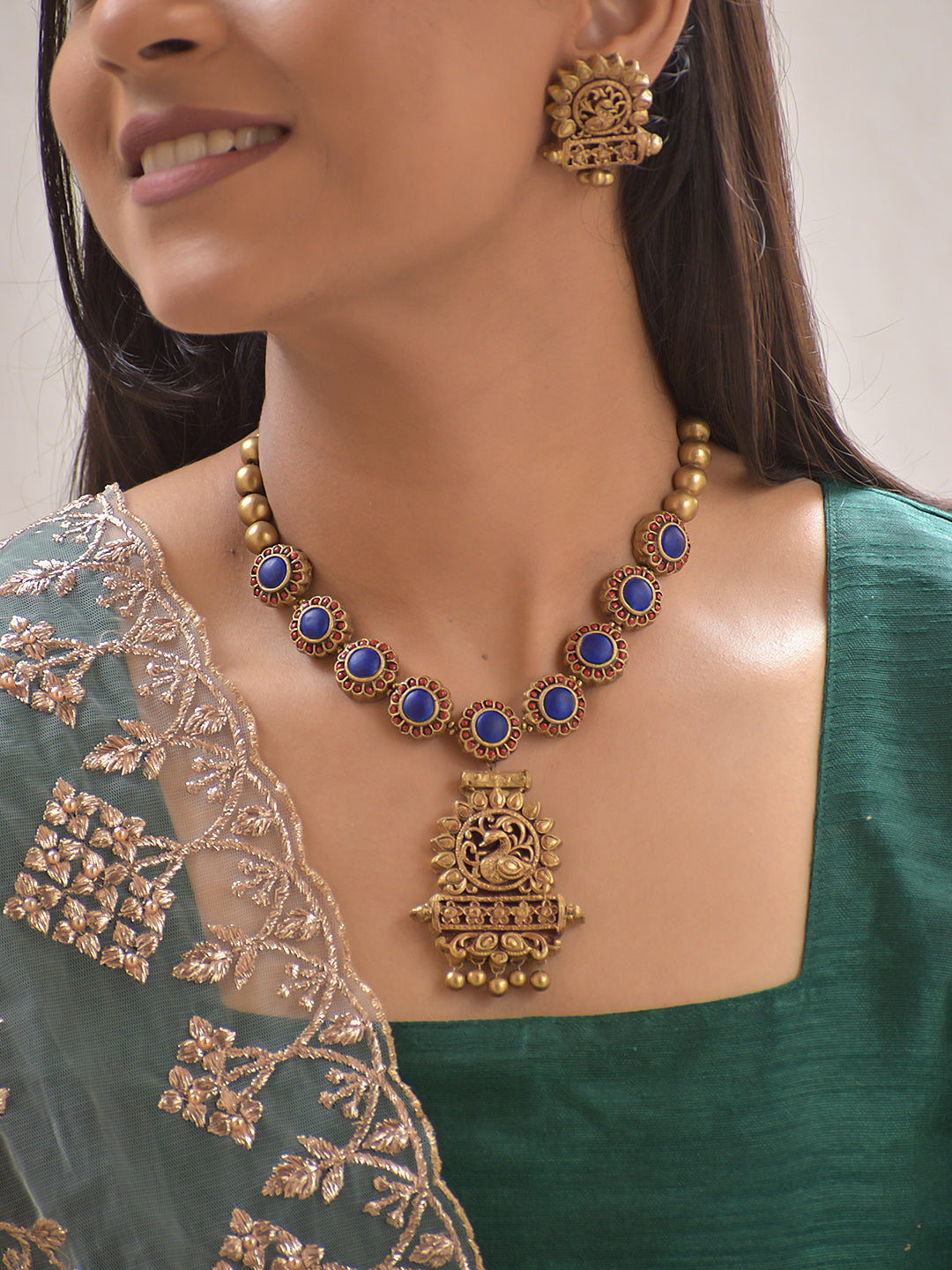 Terracotta Blue Stone Design Necklace with Peacock Motif Pendant