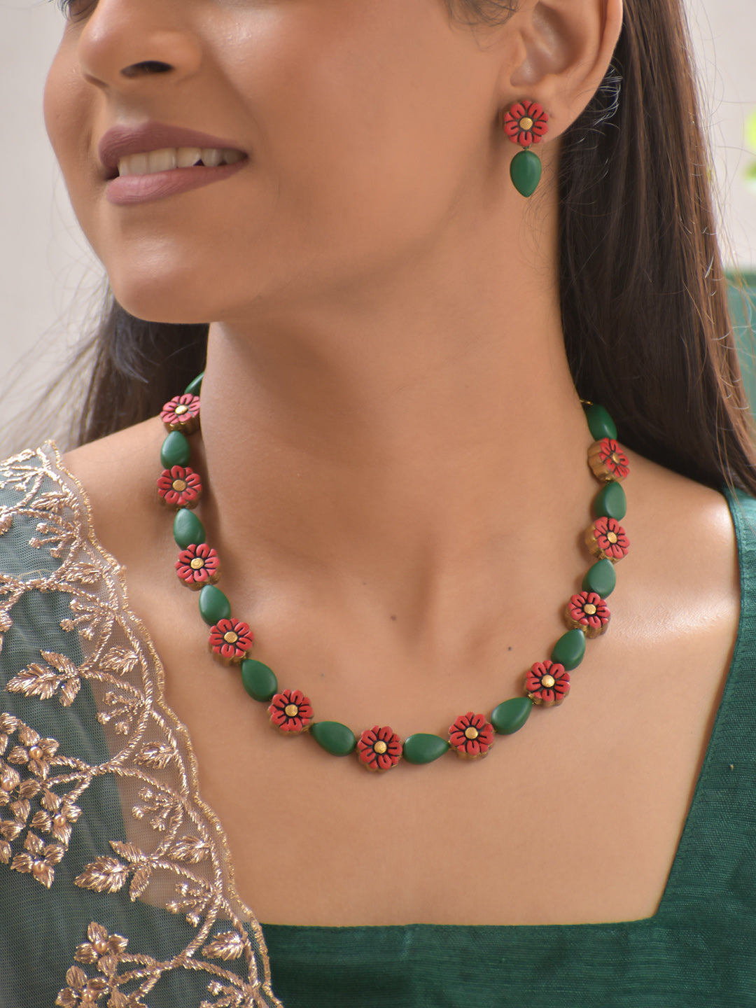 Handcrafted Floral Terracotta Necklace & Earring Set – Forest Green and Crimson