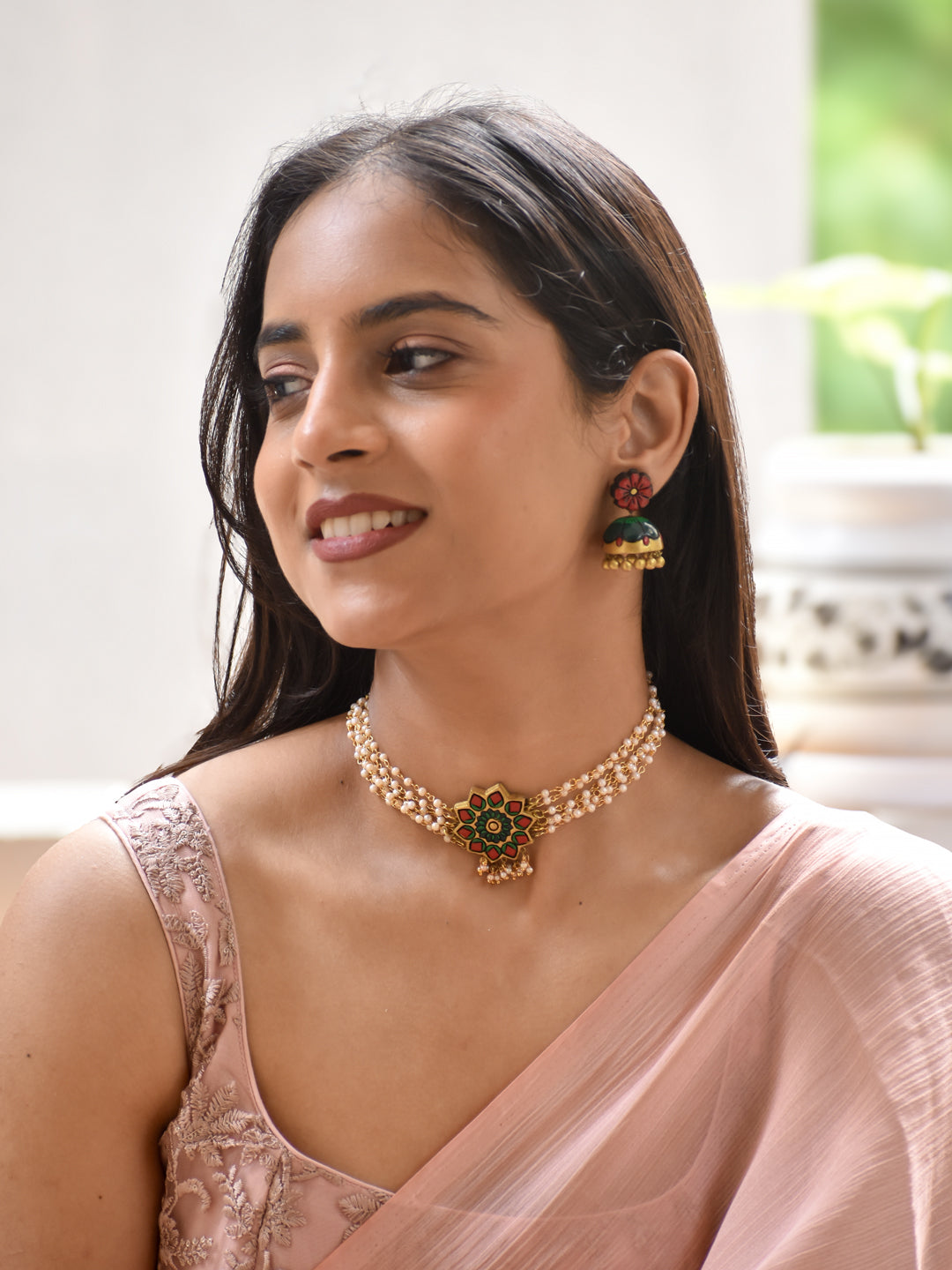 Multicolor Floral Handmade Terracotta Pearl Choker Necklace Set