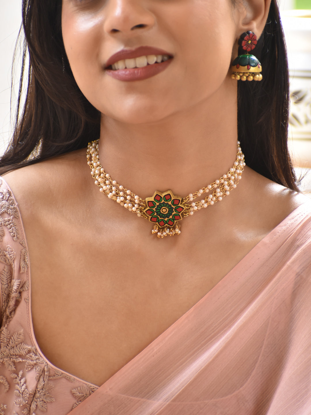 Multicolor Floral Handmade Terracotta Pearl Choker Necklace Set