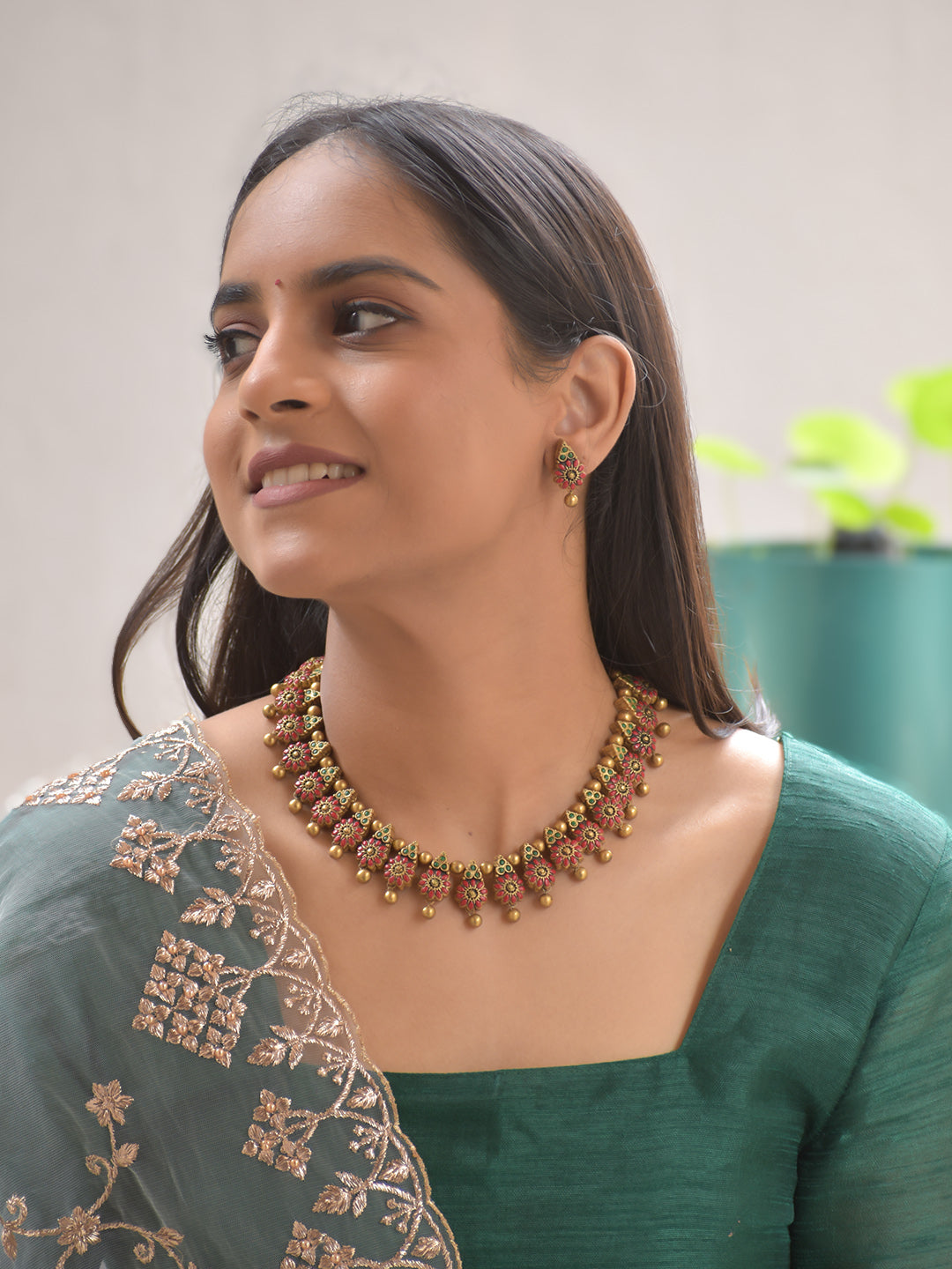 Terracotta Floral Motif Necklace with Red & Green Accents