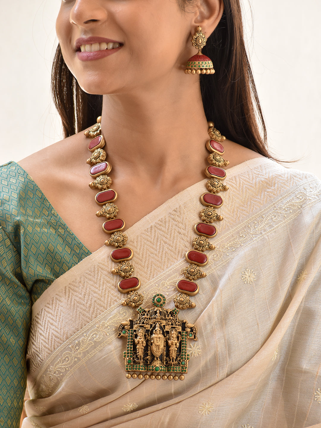 Terracotta Ruby Red & Emerald Green Temple Pendant Long Necklace Set