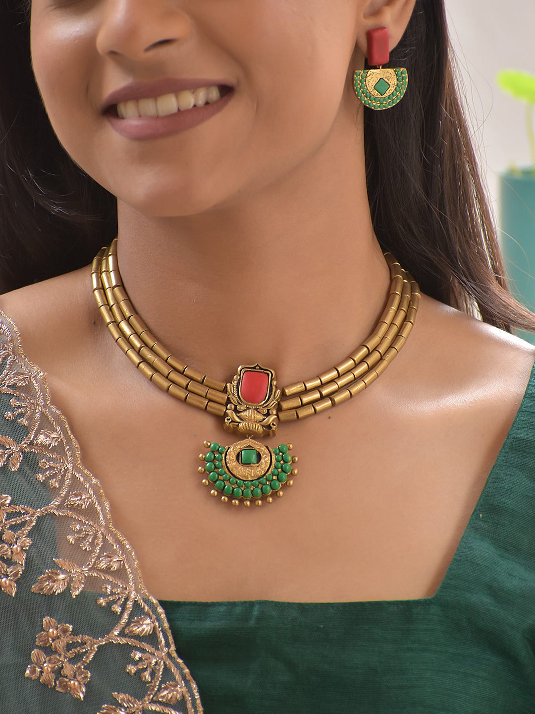 Terracotta Dual-Strand Cylinder Bead Necklace with Red & Green Pendant