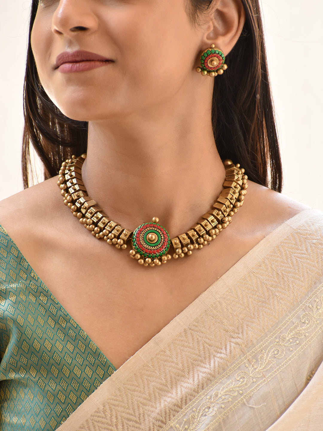 Terracotta Coral Red & Emerald Green Floral Choker Necklace Set