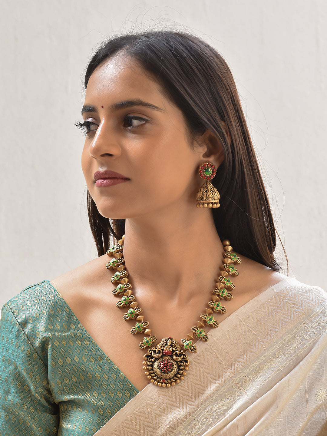 Terracotta Emerald Green Floral Temple Necklace Set