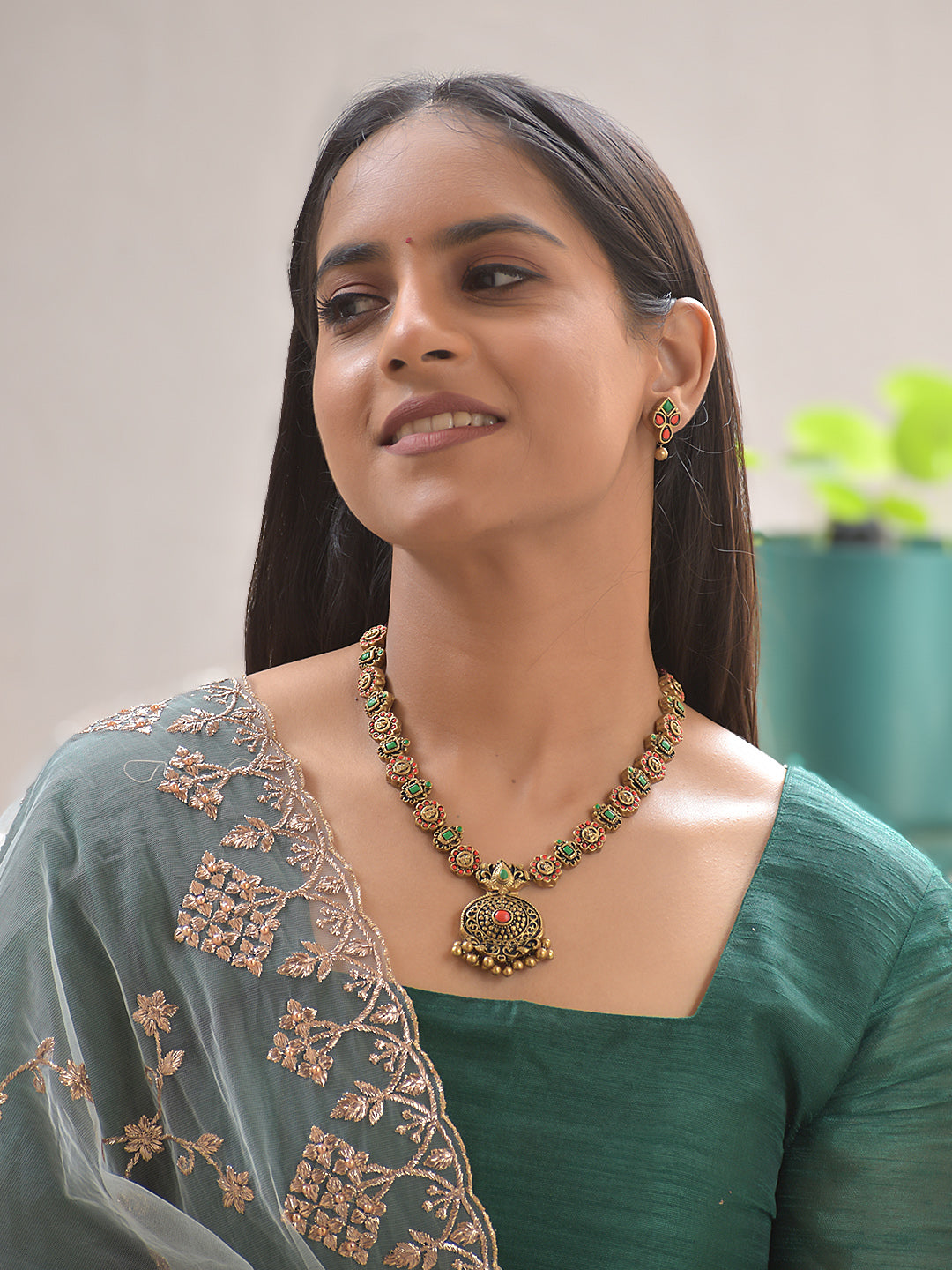 Terracotta Coin Motif Necklace with Green & Red Pendant